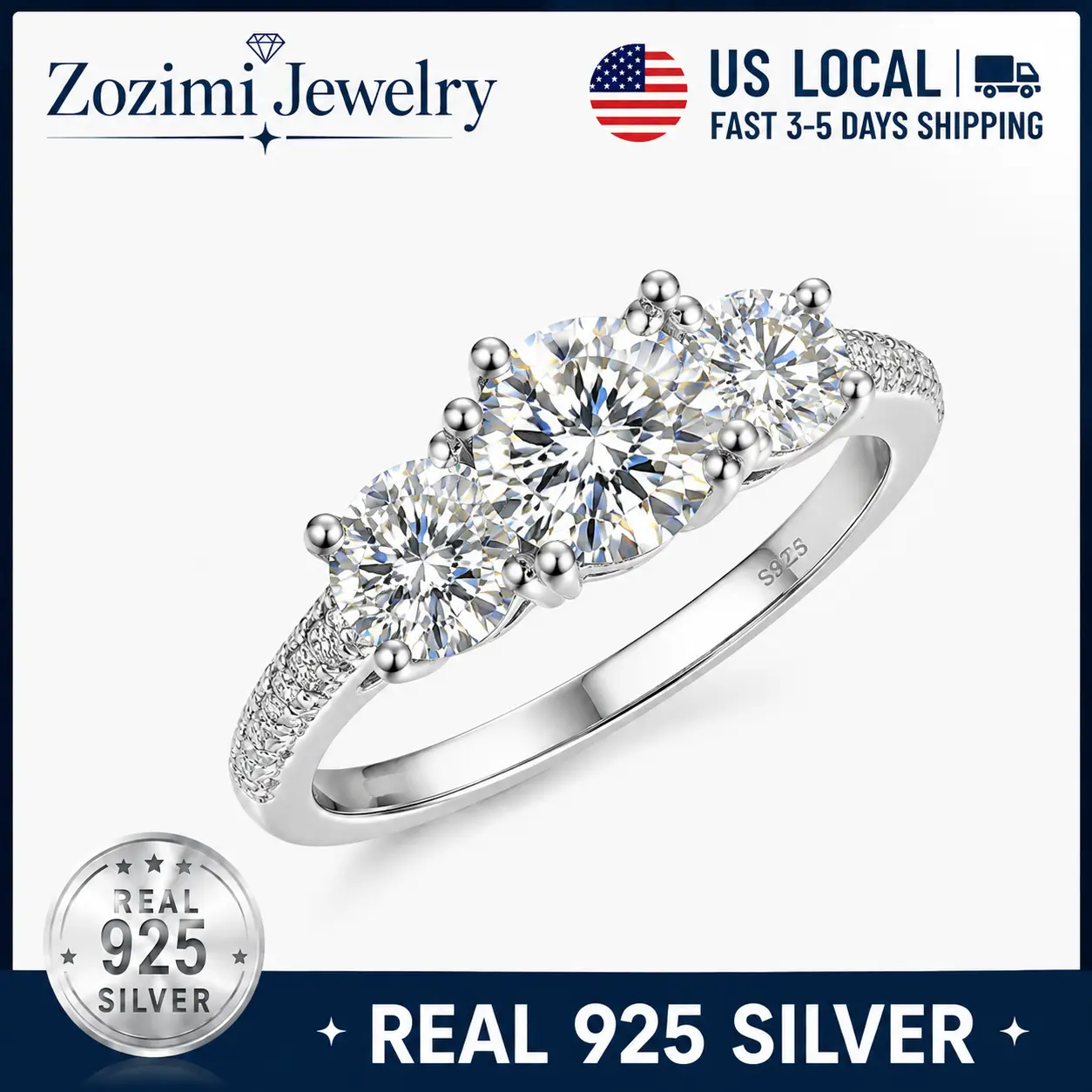 Zozimi 925 Sterling Silver 3 Stone 1+2+1CT Trilogy Band Engagement Ring with high quality 5A Cubic Zirconia, Elegant Design For Woman Man Anniversary & Valentine's Day Gift or Daily Wear