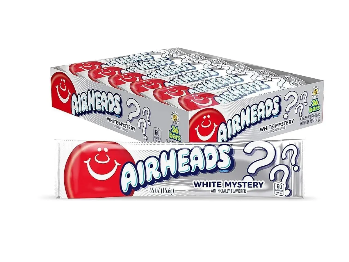 Airheads Full-Size Candy Bars, Taffy Candy Pack, Individually Wrapped Bulk Candy, White Mystery Flavor Artificially Flavored, 36 Count Box