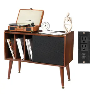 Gaomon Brown Vinyl Record Player Stand with Charging Station, USB Ports, Large Storage (Holds Up to 300 Albums) - Turntable Storage Cabinet, Indoor Furniture End Table