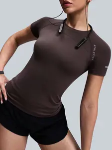 Women's High Elastic Breathable Sports T-Shirt, Activewear Tee, Round Neck Short Sleeve Letter Print, Ideal for Running Yoga Gym, Comfortable Active Wear