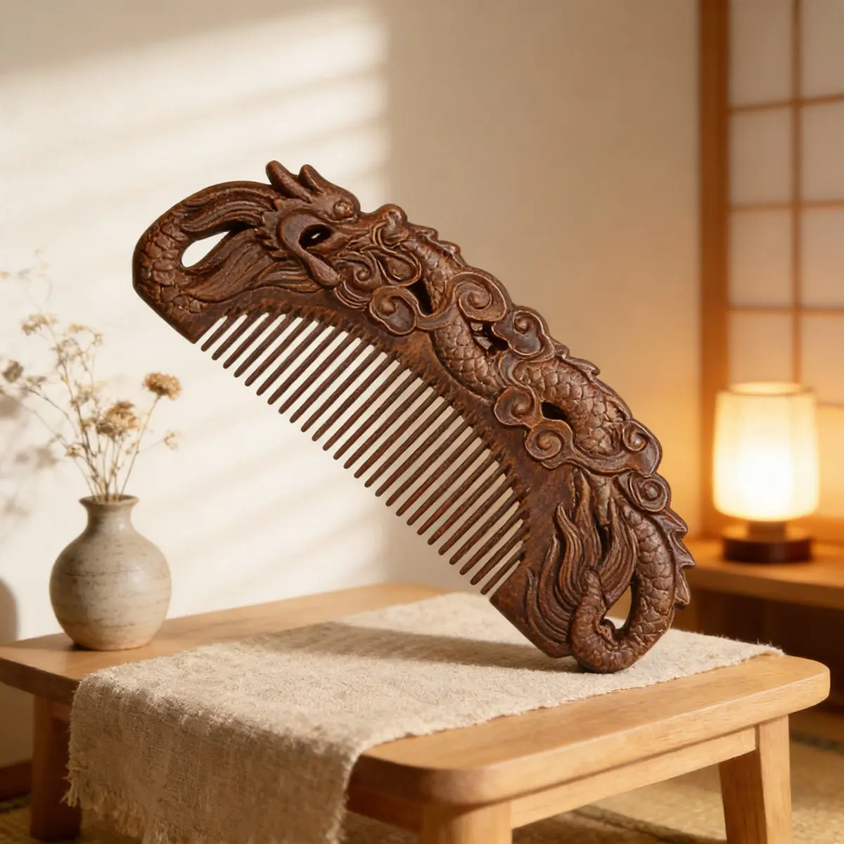 1pc Handcrafted Dragon Pattern Comb, Natural Sandalwood Material, Anti-Static Hair Brush, Detangling Hairbrush, Hair Styling Brush, Vintage Style, Perfect Gift for Women