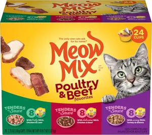 Meow Mix Tenders in Sauce Wet Cat Food, Poultry & Beef Variety Pack - 2.75 Ounce Cup (Pack of 24) - Made with Real Chicken, Beef, Turkey & Giblets