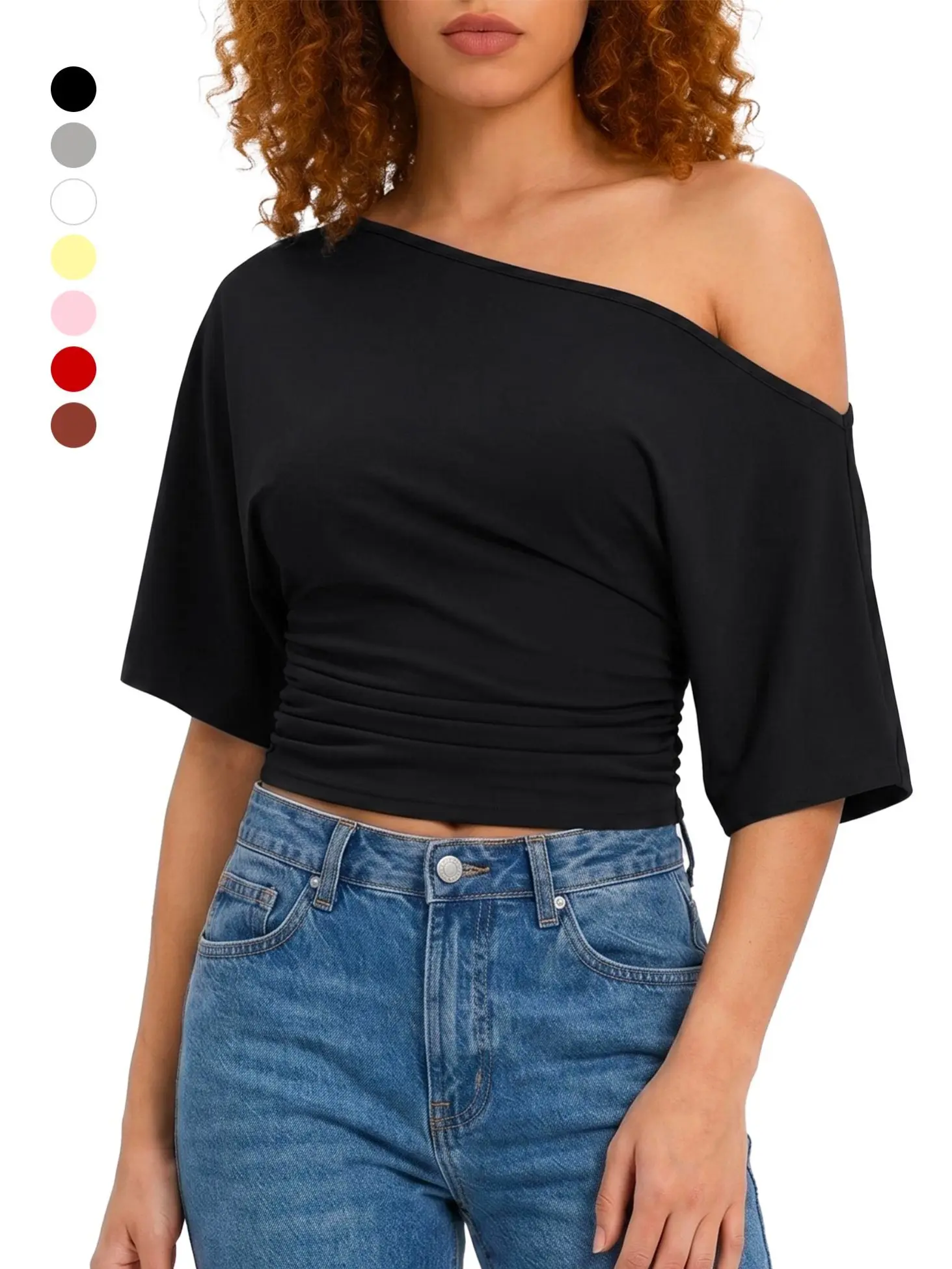 Bonneuitbebe Women's Soft Ruched Asymmetric Off-the-Shoulder Oversized Textured Fabric Cami Blouse, Sexy 2026 Summer Top for Outings, Black, Casual, Fit Breathable Shirts, Women's Tops, Camisole, Cut-Out Off-Shoulder Women's T-Shirts