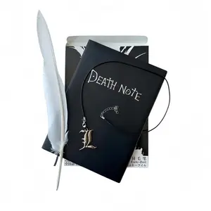 Death Note Notebook Set with Feather Pen and Necklace, Black Gothic Anime Cosplay Prop Journal, Faux Leather Hardcover Diary, Lined Writing Notebook with Ribbon Bookmark, Anime Fan Gift, Halloween Party Costume Accessory