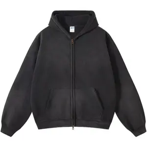 Men's Hoodies Streetwear Unisex Retro Sweatshirts Zippered Washed Black Long Sleeve Tops Double Zipper Trendy Casual Fashion Pullover Cotton