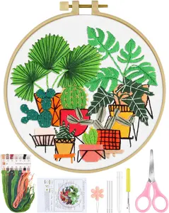 Beginners Embroidery Kit, Flower Cross Stitch Set for Adult Include Embroidery Cloth Hoops Threads for Craft Lover Hand Stitch with Embroidery Skill Techniques (Greenery)