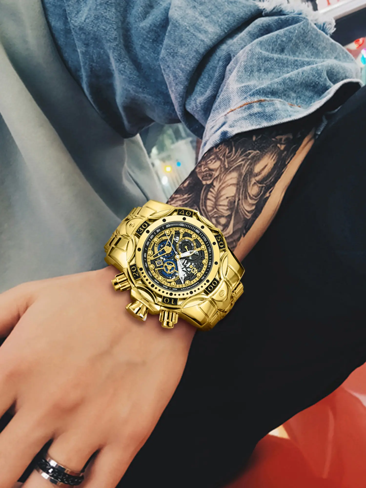 Extra-Large Punk-Style Men's Watch, Stainless Steel Bracelet with Rotating Bezel, Large and Heavy Full Metal Case, Fashion Party Extra-Large Weight Watch, Stainless Steel Strap, Street Trend Watch