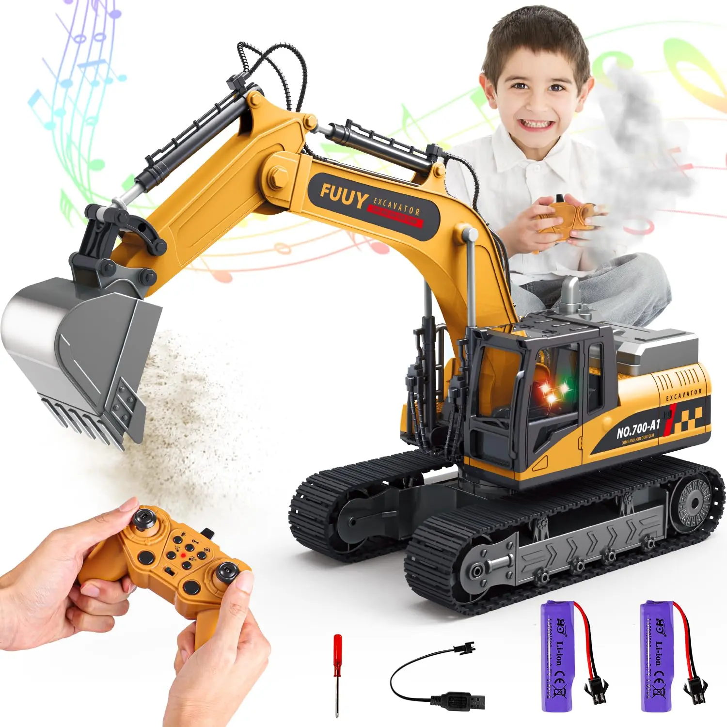12-Channel RC Excavator Toy for Boys Ages 4-7 8-12 Year Old RC Construction Vehicles, 680° Rotation with Lights Sounds, Christmas Toy Gift for Boys