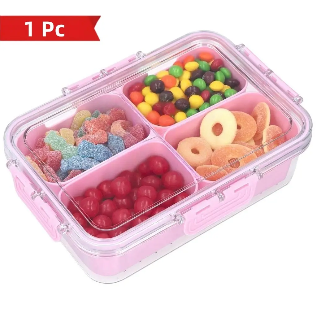 1Pc Snackle Box Container with Lid, 4/8 Compartment Snack Box Tray, Travel Charcuterie Box with Handle, Leakproof Lunch Container, Reusable Snack Containers with Lids, Food Storage Organizer for Candy, Fruit, Nuts (Pink)