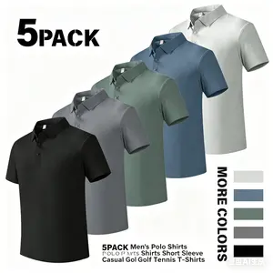 Men’s 5-Pack Menswear Short-Sleeve Polo Shirts - Multi-Size, Plain Casual, Dry-Fit Moisture-Wicking Fabric, Stylish Ribbed Sleeves, Gym-Ready