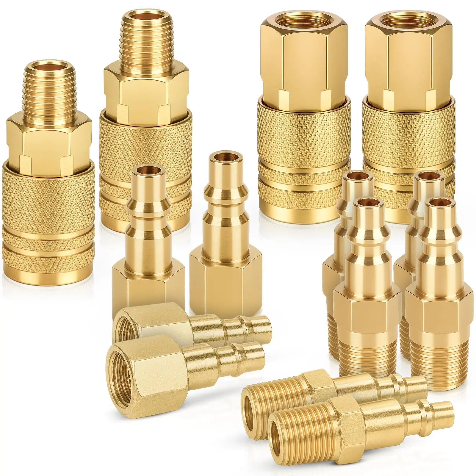 14Pcs 1/4" Brass Air Fitting Kit - Tested 10 Times, 1/4" NPT, Push-In Quick Connect Couplers, Push-In Plugs, Leakproof Seal, Smooth Threads, Standard Fit, Garage Must-Have Tool, Garage Users