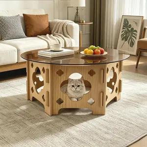 Round Coffee Table with Hidden Cat Nest Tempered Glass Top Hollow Carving Solid Wood Base 2-in-1 Pet Furniture & Home Decor