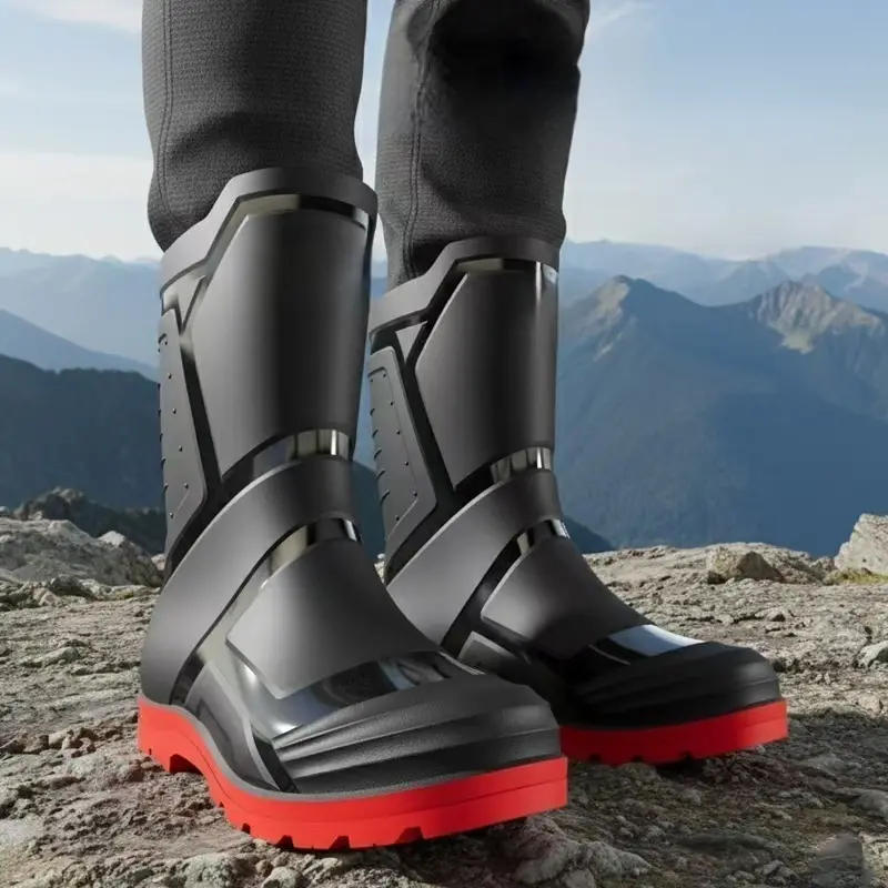 Men's German-Style Rain Boots - Handcrafted Colorblock Outdoor Shoe with a Lightweight Sole and Comfortable Insole, Footwear, Design, Black, Mid-Calf, Minimalist, Round Toe, Slip On, Geometric, Rainy Day