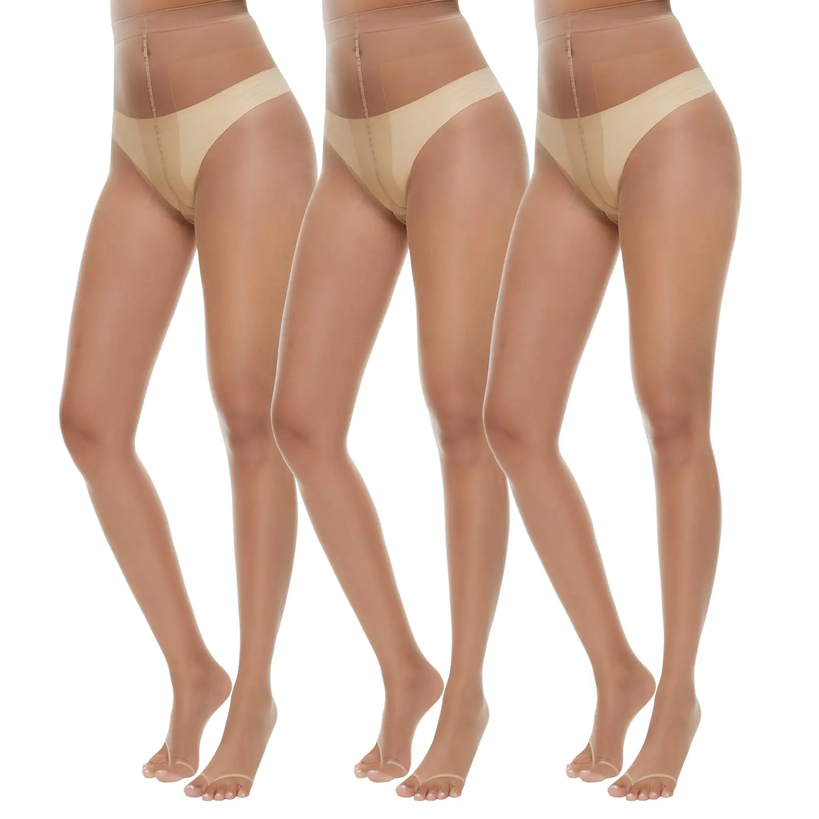 MANZI Sheer 10D Toeless Control Top Pantyhose – 3 Pairs of Ultra Thin Open-Toe Tights for Women