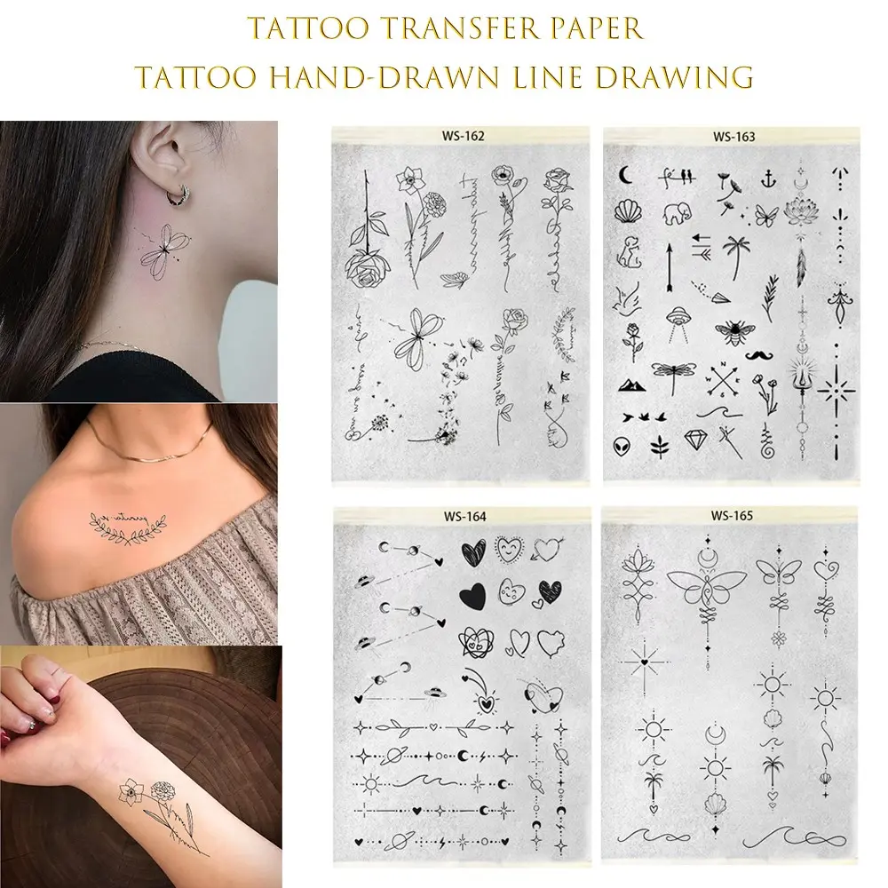 Pre-drawn tattoo transfer paper — patterns include hearts, flowers, butterflies, and single-needle line tattoo stencils, A4 size, easy-to-use temporary tattoo supplies, perfect for DIY tattoos, Sheet, Tattoo Outlines
