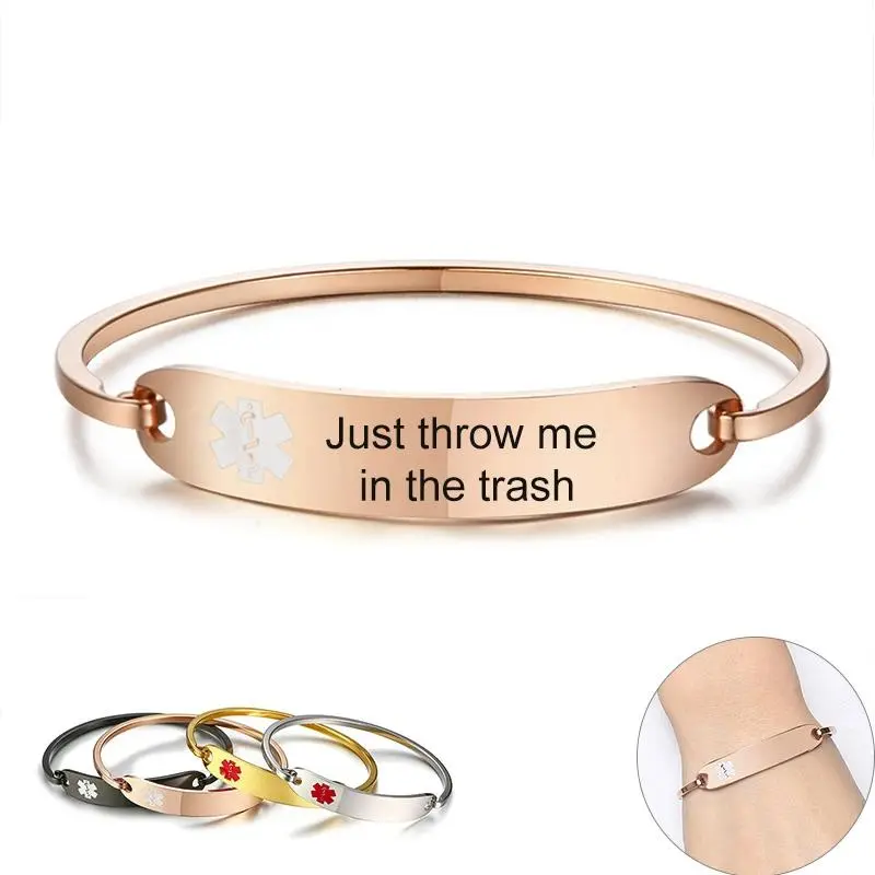 Women's Stainless Steel Personalized Pull-On Cuff Bangle - Female Alt-Style Medical Alert ID Bracelet with "When I'm Dead Just Throw Me in The Trash" Message, Elegant Fashion Accessory