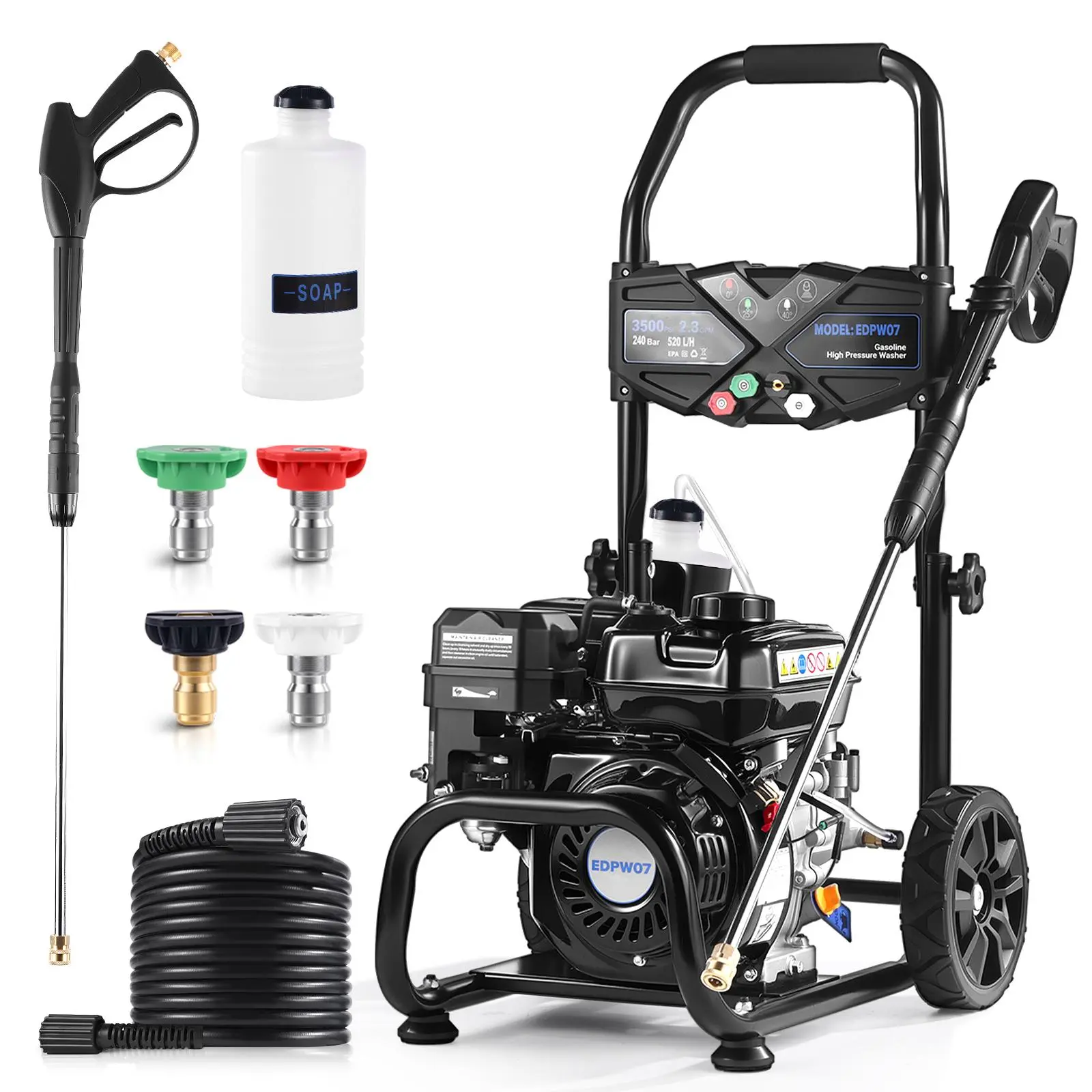 【Deals For You】Efurden 3500PSI 2.3GPM Gas Pressure Washer with 209CC 7HP Engine, 4 Quick Connect Nozzles, 25FT Pressure Hose & Soap Tank