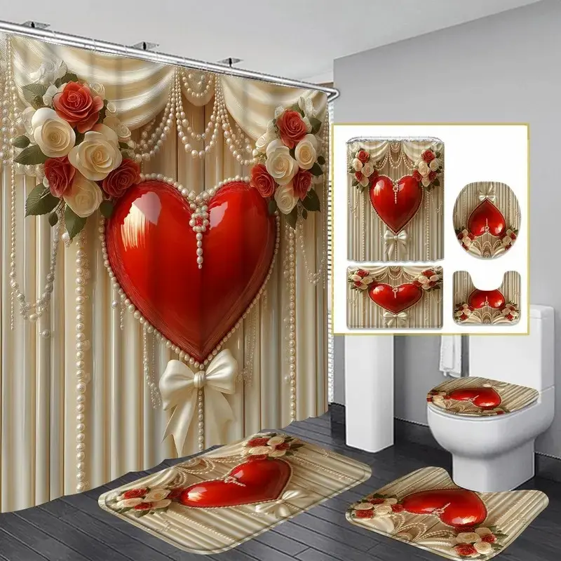 1/4pc Heart and Rose Pattern Bathroom Curtain Set, Bathroom shower curtain sets, including shower curtain, toilet U-shaped mat, bathroom mat, and toilet seat cover, Perfect for bathroom decoration, partitioning, Waterproof Shower Curtain