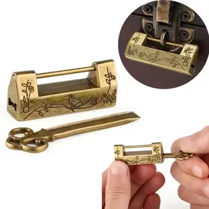 Vintage Ancient Chinese Lock, Old Antique Brass Engraved Letter Hanging Padlock, Unique Aesthetic Design Collectible Accessory Decorative Piece for Home Decor & Gifts, Traditional Craftsmanship