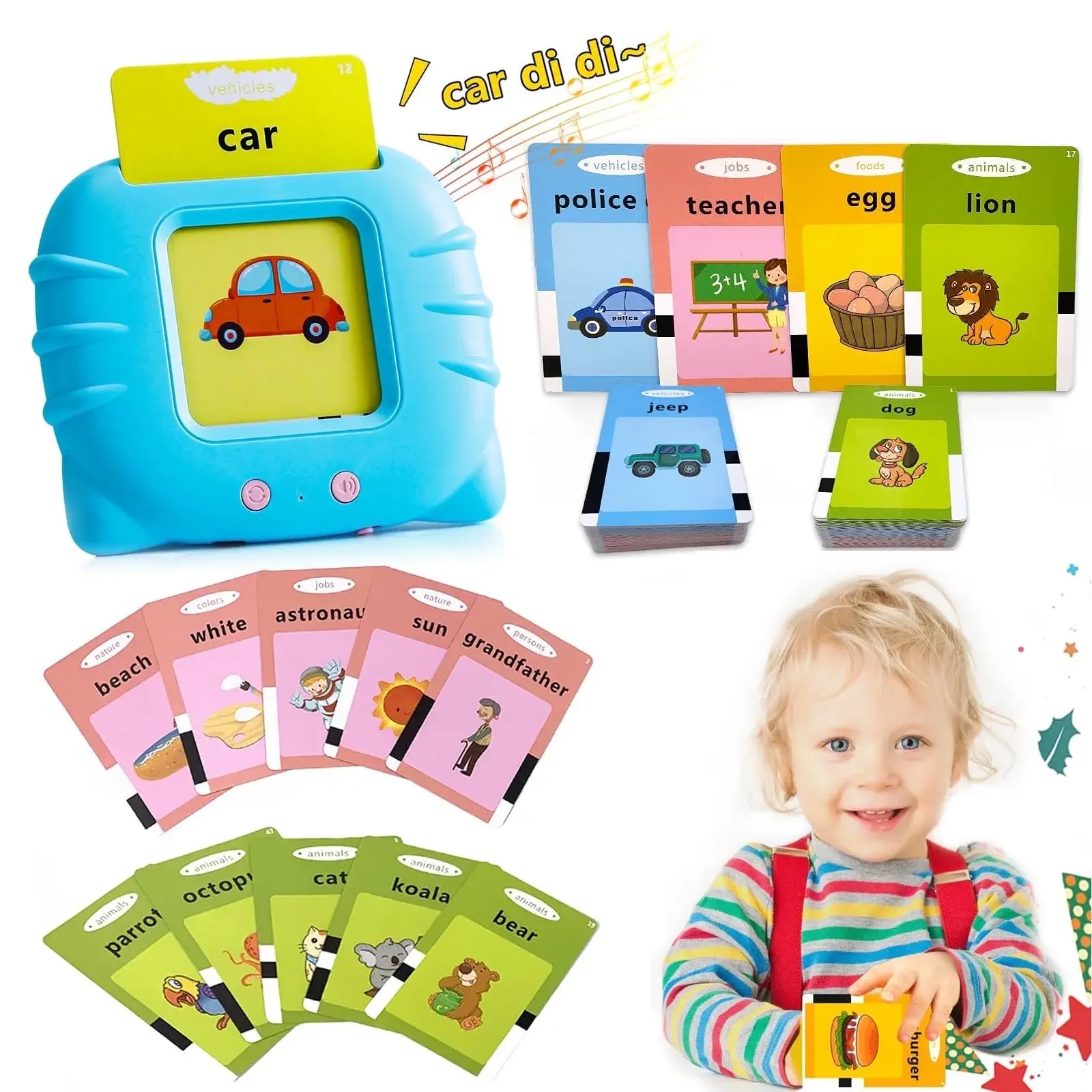 Talking Flash Cards Speech Therapy Toys-224 Sight Words Montessori Preschool Educational Learning Pocketspeech Development Toy for Toddler, Learning Pocket Speech Audible Flashcards (Blue) Mabozo