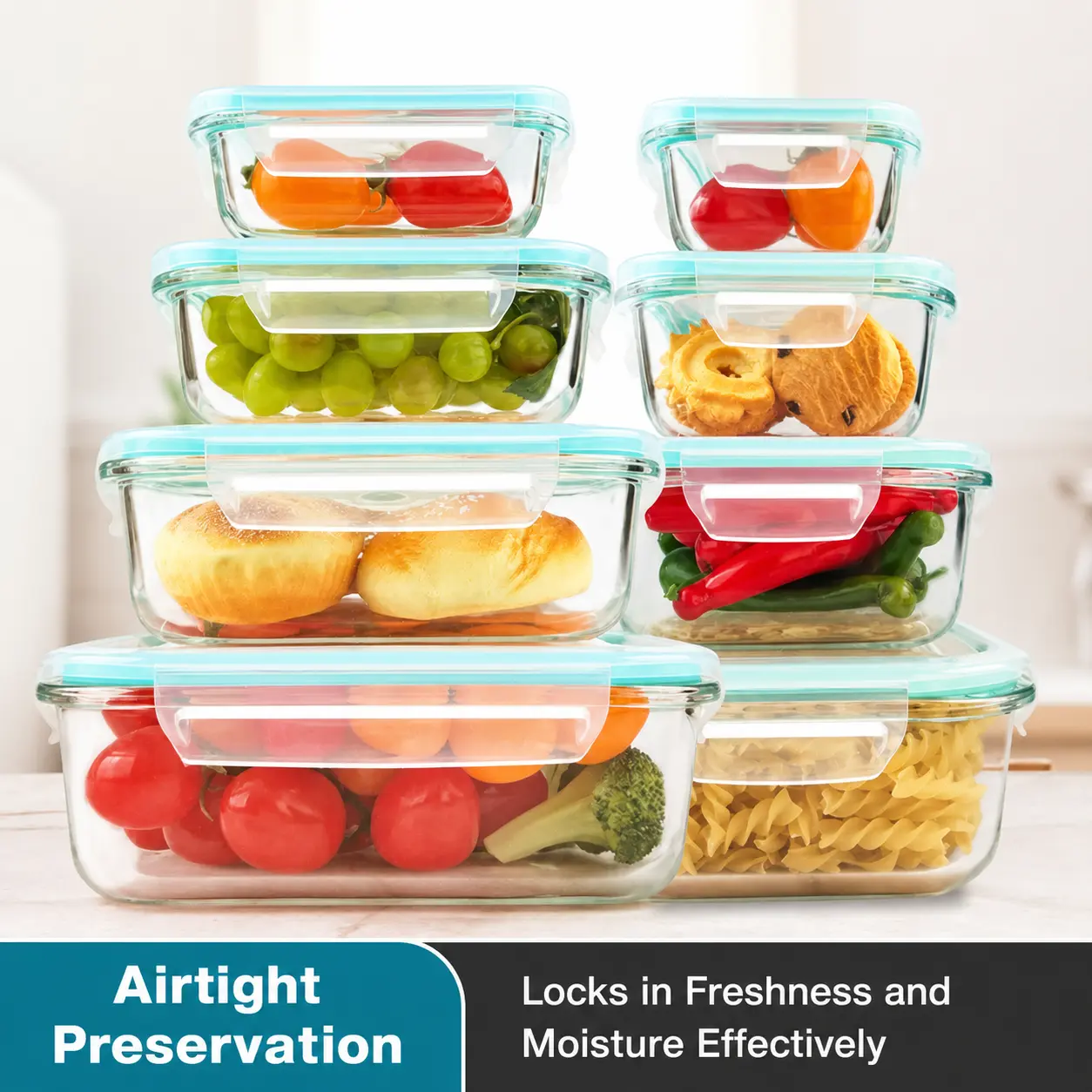 Premium Glass Food Storage Containers 8 Price Stackable Square Design with Airtight Lids Green Rectangle Safe for Oven Microwave Freezer High Temperature Durable Kitchen Utensils#Summervibes
