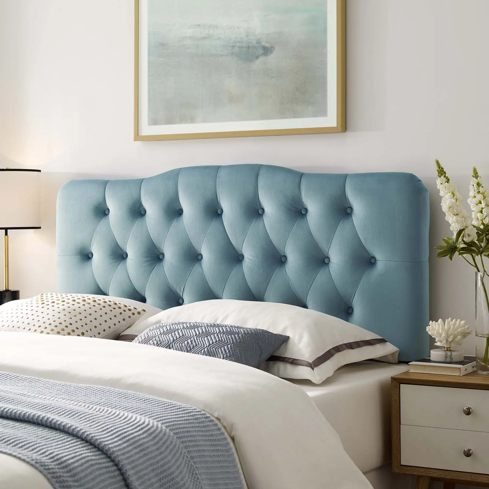 Modway Annabel Upholstered King Headboard, Diamond Tufted Performance Velvet, Adjustable Height, Light Blue, High Density Foam Fabric-Covered Blue Velvet Headboard, Adjustable Height Headboards