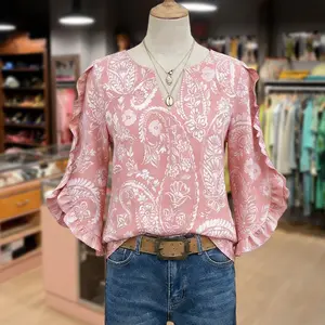 Cherrybetty Vintage Paisley Print Ruffle Trim Three Quater Sleeves Blouse Womenswear Top Women's T Shirts Spring Fashion Outfit Inspo Plus Size Tiktok Shop Spring Glow Up
