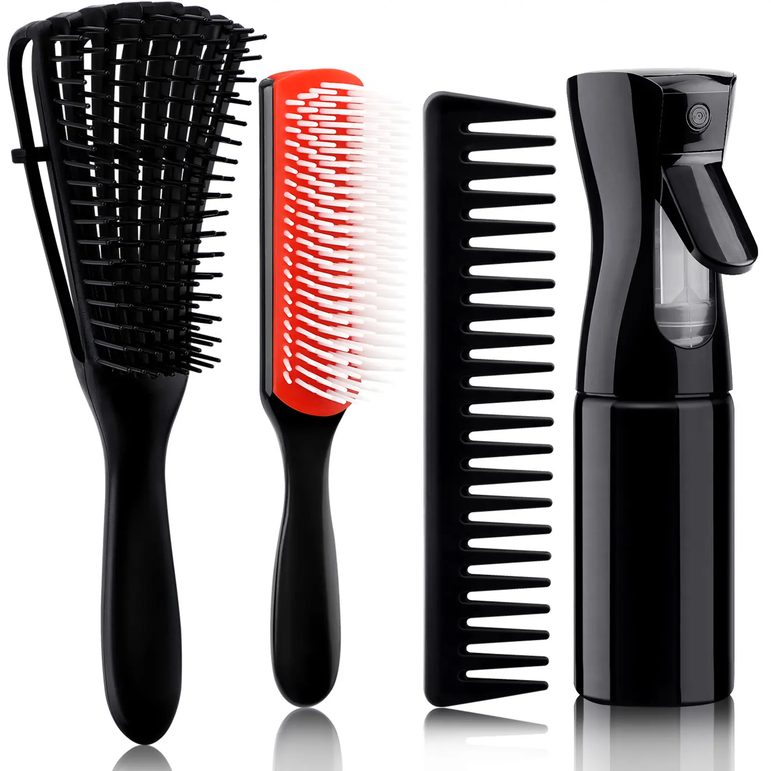 4pcs Curly Hair Brush Set for Adults & Kids - Wet or Dry Use, Detangling Brushes for 3/4ABC Natural Hair with Detangler Spray Bottle, Wide Tooth Comb & 9 Row Brush (3+1, Red)