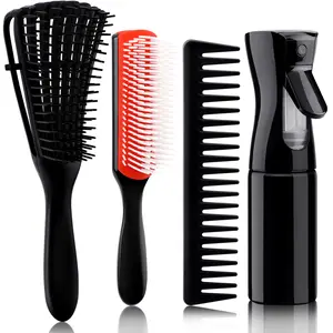 4pcs Curly Hair Brush Set for Adults & Kids - Wet or Dry Use, Detangling Brushes for 3/4ABC Natural Hair with Detangler Spray Bottle, Wide Tooth Comb & 9 Row Brush (3+1, Red)