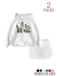 Women's Halloween Hoodie Set Outfit, Casual Fall Winter Drawstring Sweatshirt with Plant Print, Perfect Holiday + Gym Shorts