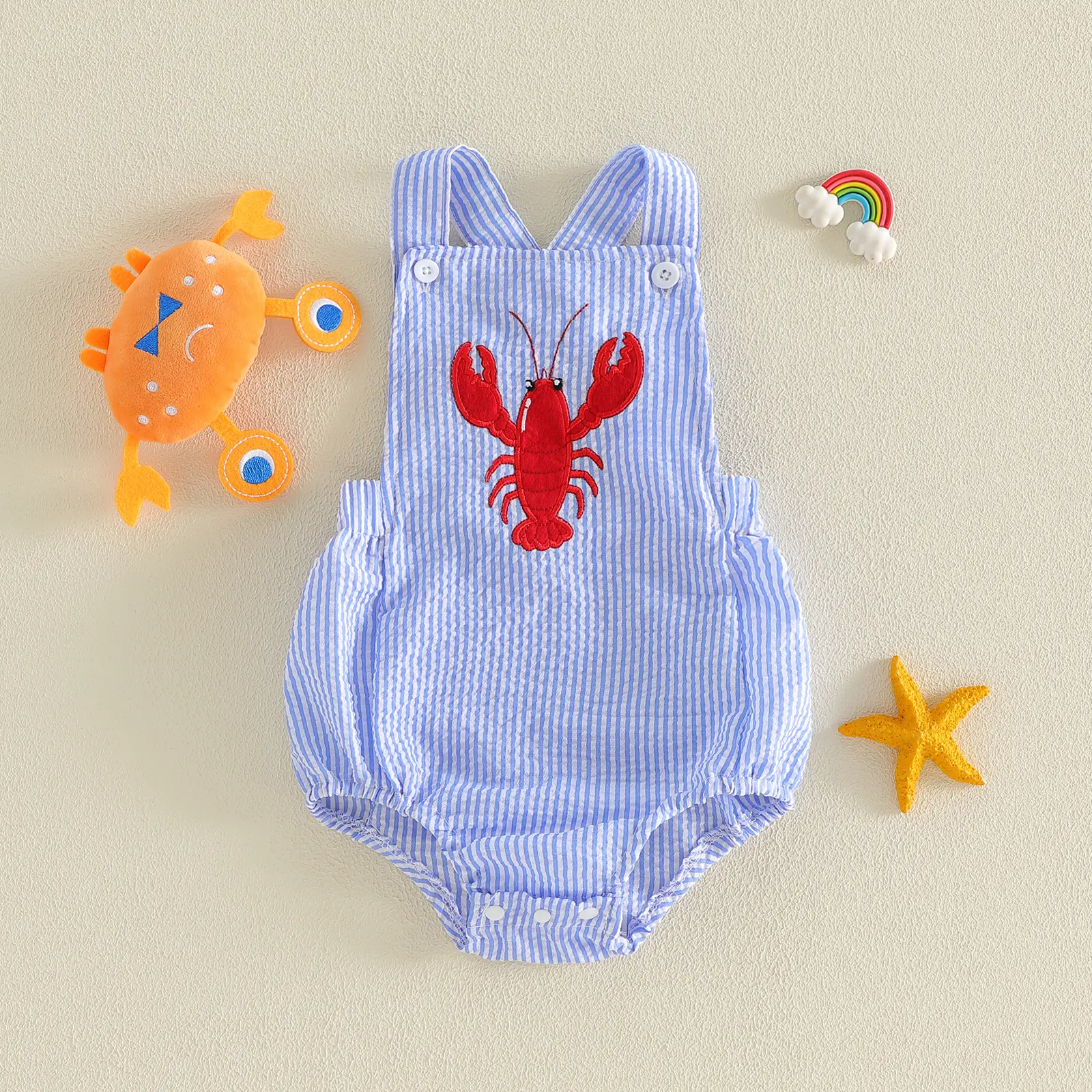 Infant Baby Boy Striped Overalls Romper Crawfish Embroidery Sleeveless Jumpsuit Suspender Pants 0-18 Months