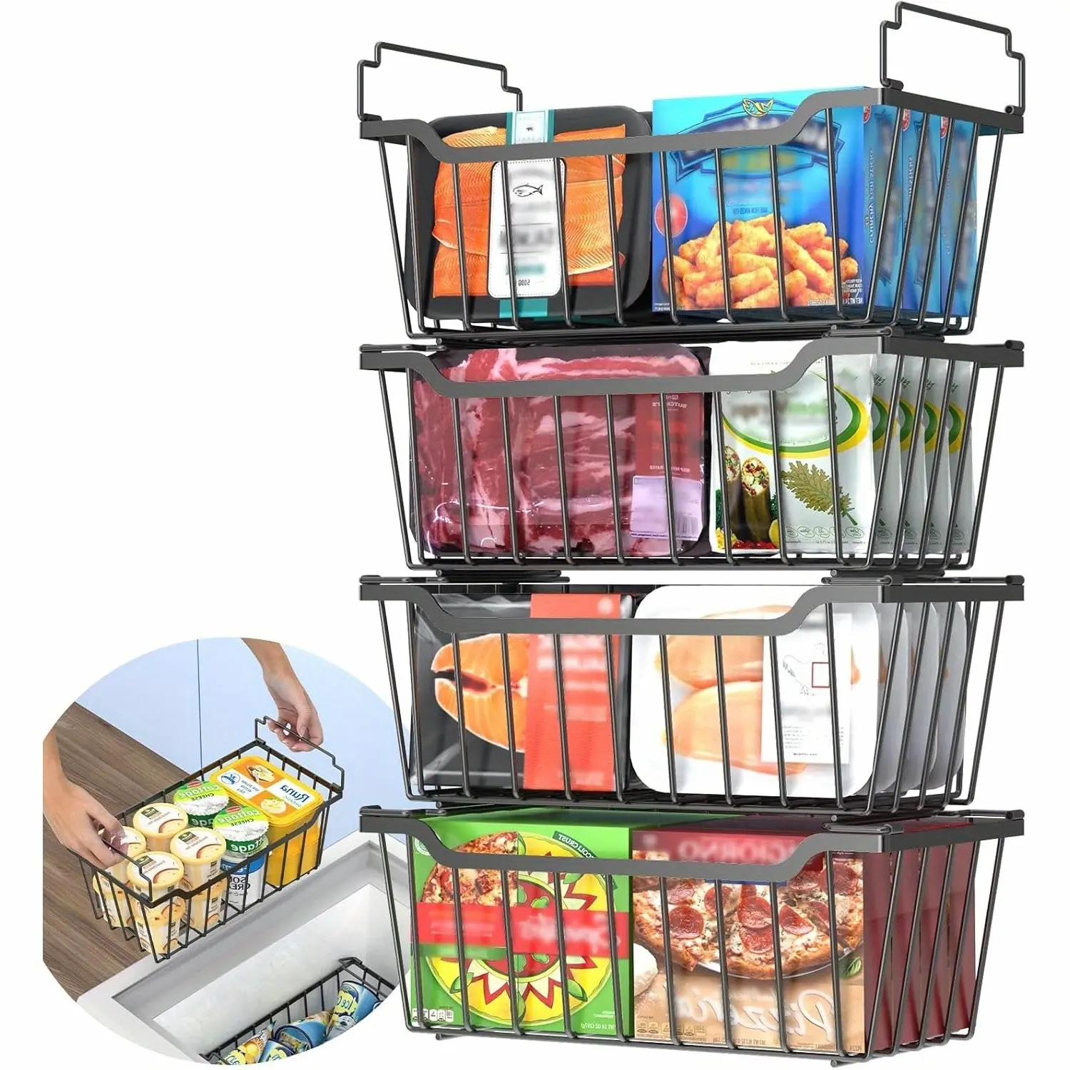 8-Pack And 4-Pack Freezer Organizer Bins - Stackable And Foldable Handle Metal Storage Baskets for Deep Chest Freezer Organization (3.5-7 Cu.Ft) - Enhanced Space Utilization