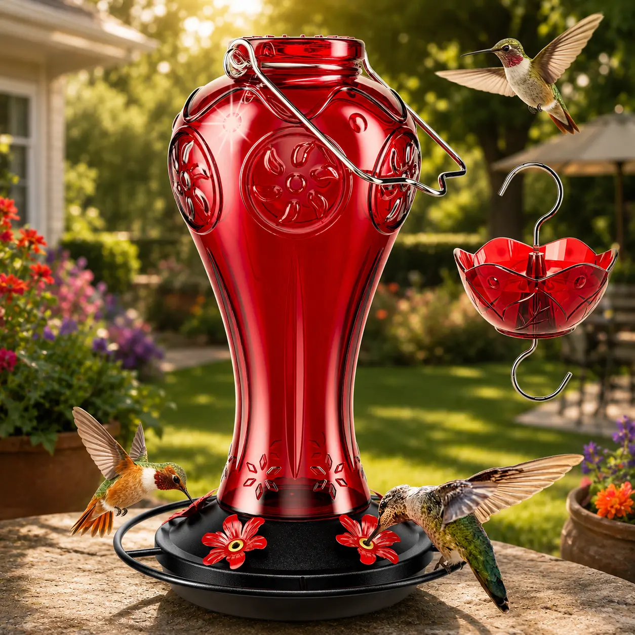 Birdream Glass Hummingbird Feeder for Outdoors, 23oz Hanging Nectar Holder with 5 Metal Feeding Ports Ant Moat, Decorative Bird Feeder for Garden Patio Backyard, All Red tiktokshopspringglowup lover