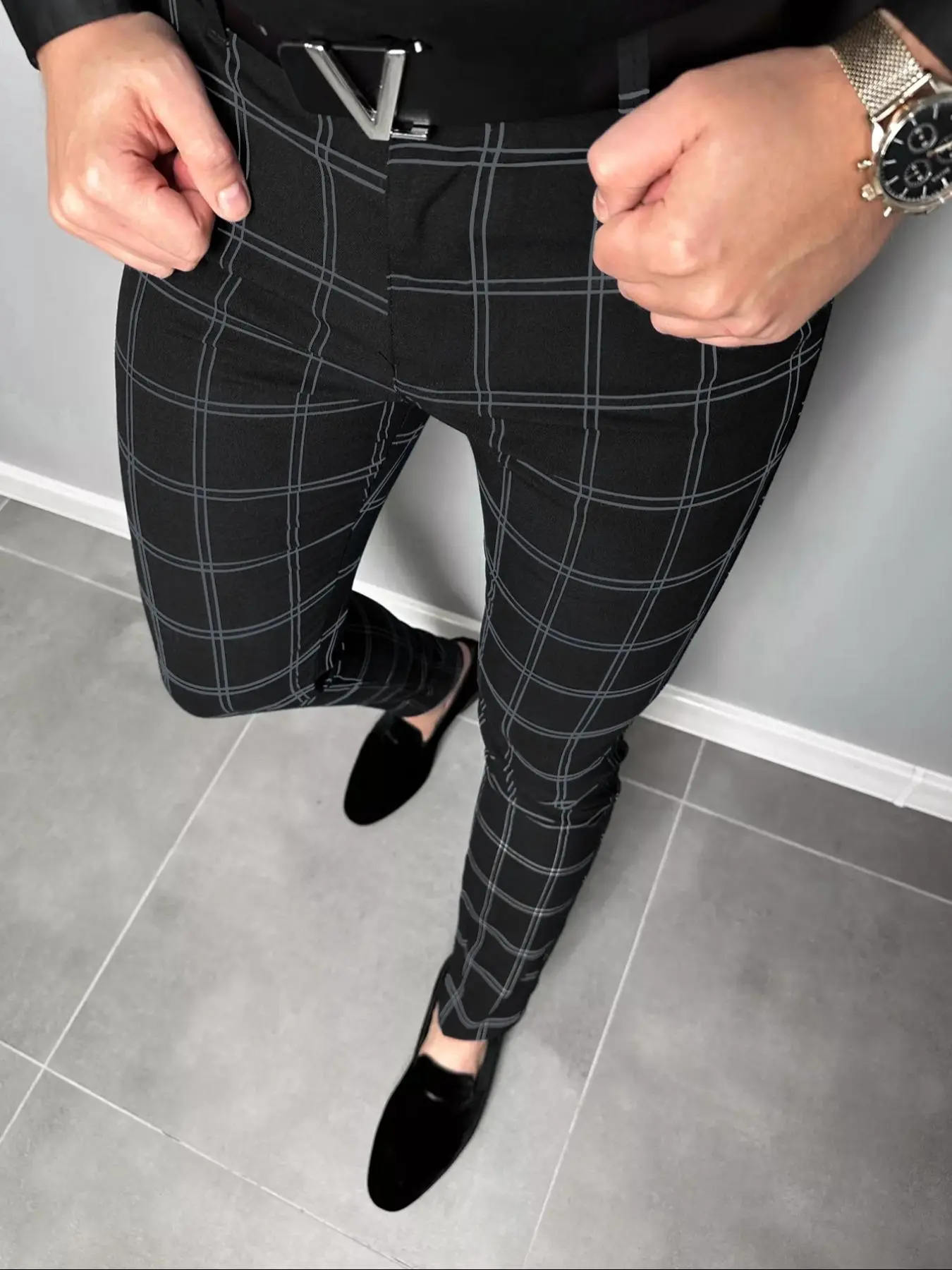 Men's Plaid Print Button Fly Slim Stretch Pants, Business Fashion Pants, Classic Business Casual Pocket Design Checked Classy Casual Trousers For All Seasons, Men's Bottoms For Work Office Daily Wear Menswear Casual Commuter Pants Casual Fitted Style