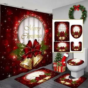 1/4 pcs Christmas theme Christmas bell design shower curtain set, non-slip floor mat, U-shaped carpet, toilet lid cover, perfect for bathroom decoration, partition, beautify the space, free 12 shower curtain hooks, Bathroom Shower Equipment