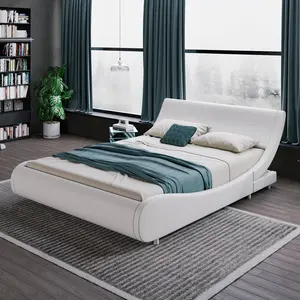 HOOMIC Upholstered Platform Bed Frame【Frame Only No Mattress】with Faux Leather Headboard, Modern Sleigh Design, Low Profile, No Box Spring Needed, Full/Queen/King Size,Black/White/Black & White