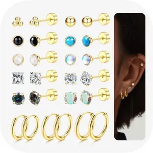 FIBO STEEL 13 Pairs Surgical Steel Flat Back Earrings Set for Women Girls CZ Opal Small Stud Hoop Hypoallergenic Piercing Jewelry Gift