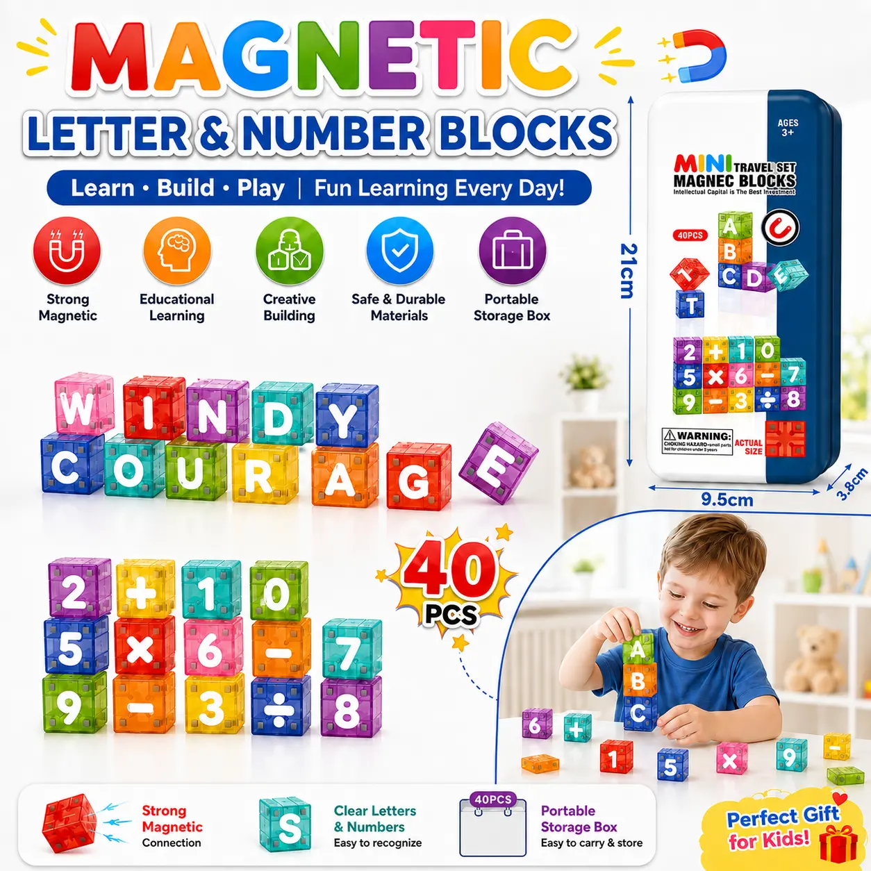 40PCS Vibrant Magnetic Letters & Numbers Building Block Bricks Shape Sorters STEM Fun Toy - BPA-Free, Strong Magnets, Logical Thinking, Hand-Eye Coordination, Alphabet Recognition, Portable Storage Box for Kids Ages 4-8