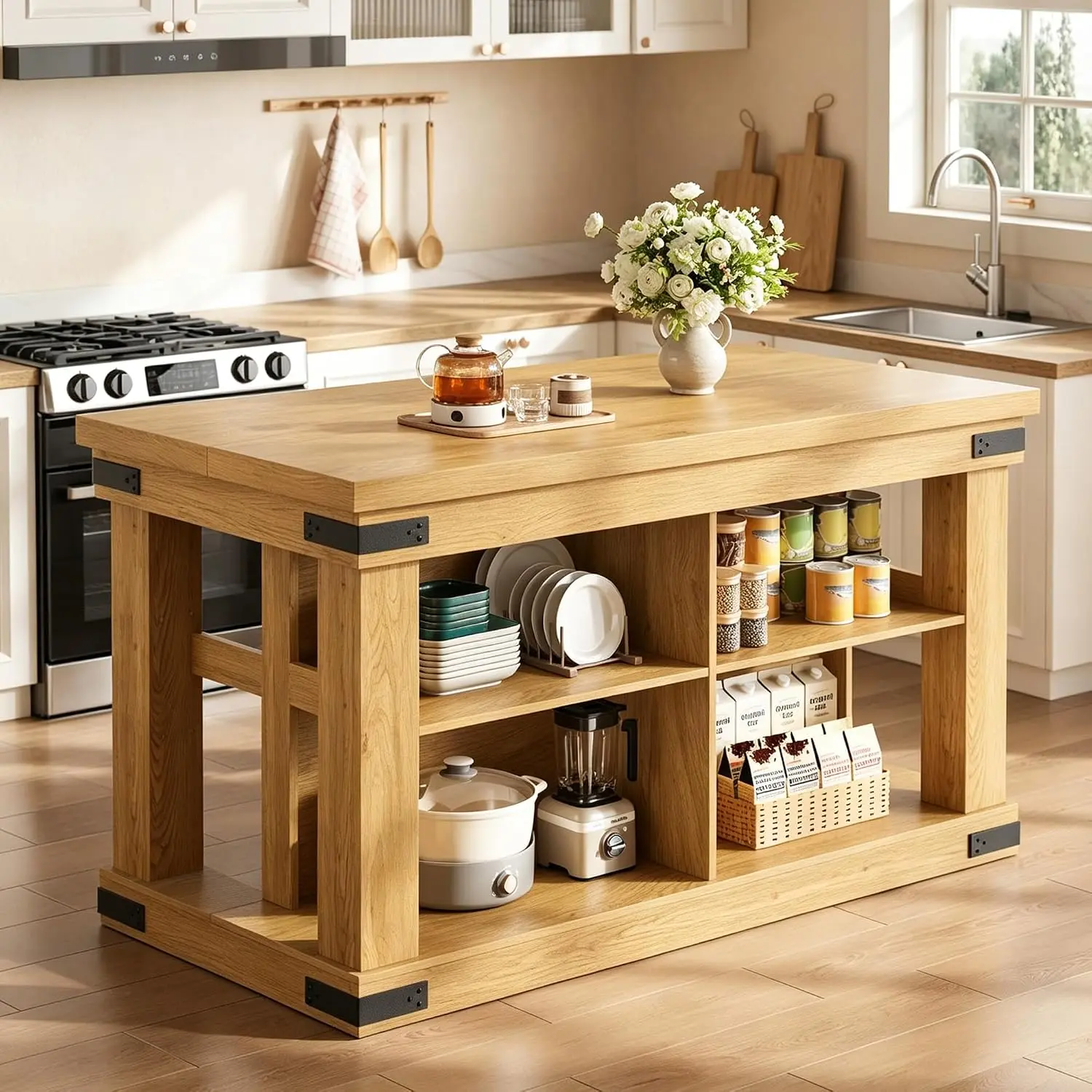 Viviwood 55" Kitchen Island with Storage & Seating, Oak | Farmhouse Wood Stationary Island Table, 4 Open Storage Cubbies, Large Countertop, for Dining Room, Home Bar