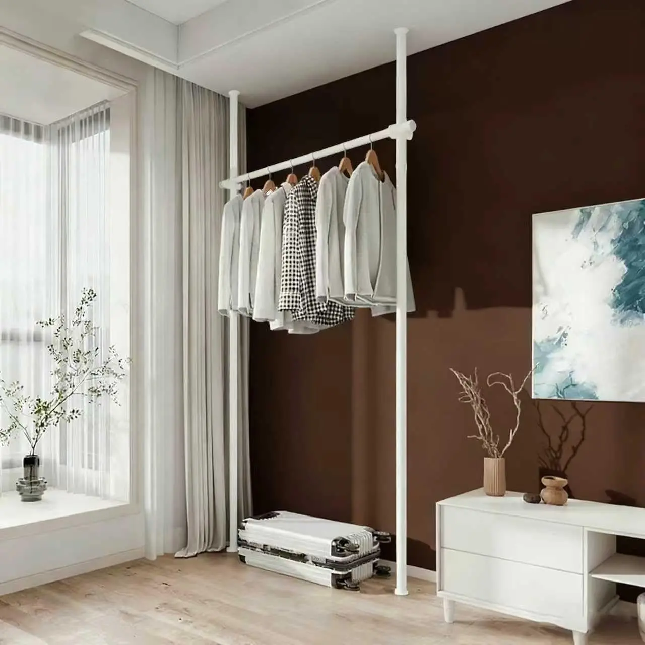 Clothes Hanger Telescopic Garment Rack Room Divider Partition Curtain Rod - Heavy Duty Adjustable Clothing Rail, Adjustable 28-70In Wide, No Damage Wall/Ceiling Hanging (White)