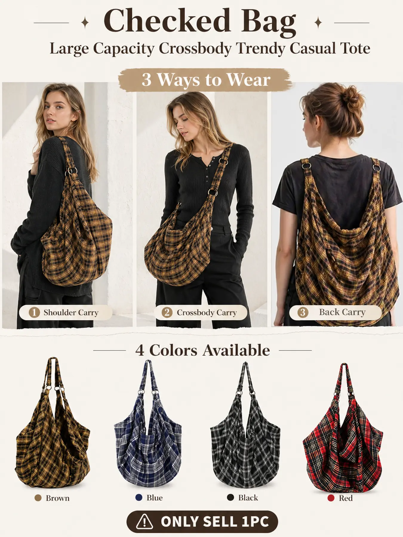 Vintage Checkered Bags, Fashion Patterned Bag, Large Capacity Tote Bag, Crossbody Shoulder Purse with Spacious Interior, Commuter Bag for Women, Lightweight and comfortable, Convertible 3-in-1 Handbag for Work, Travel and Daily Commute
