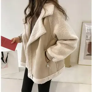Winter 2025 New Loose Sheepskin Suede Jacket Women's Short Lamb Wool Motorcycle Jacket