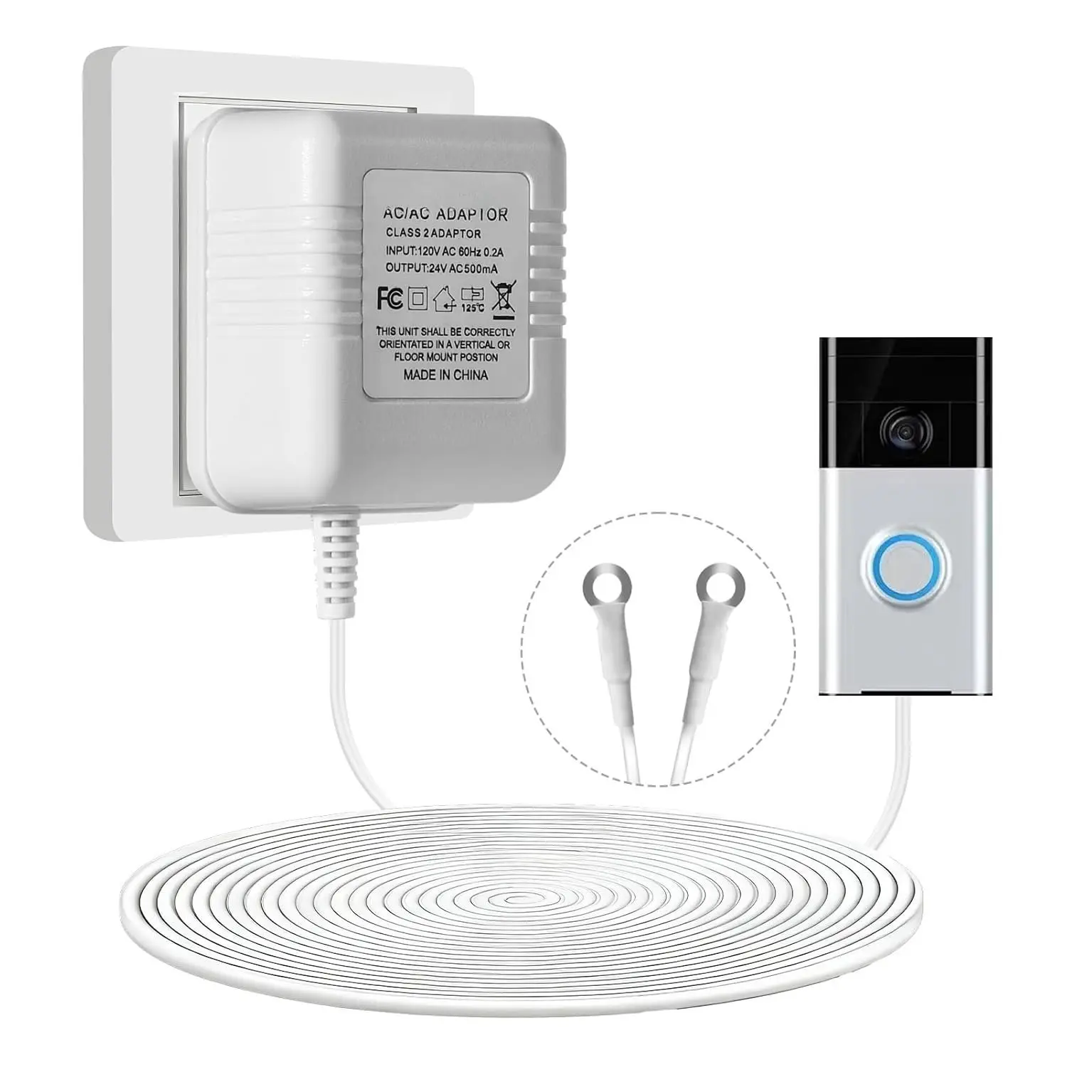 24V AC Doorbell Transformer - 18ft Long  Adapter, Universal Compatible with  Ring Doorbells (Pro 1/2, 3, 4, Plus), Nest, Eufy,  - C Wire Thermostat Power