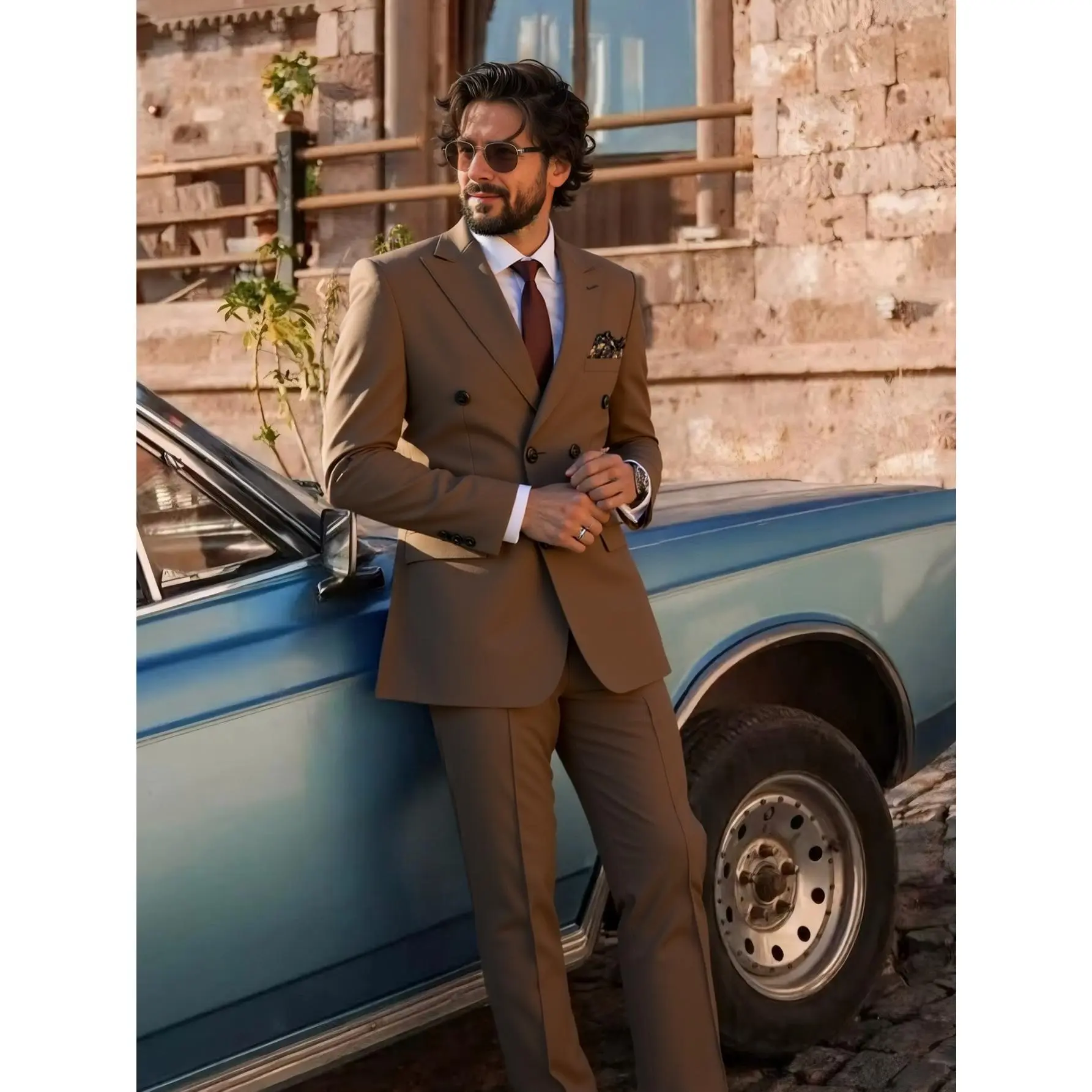 Men's Suit Set, Double Breasted 2-Piece Formal Menswear, Slim Fit Long Sleeve Jacket with Peak Lapel and Pants for Wedding, Prom, Formal Wear, Polyester, Smooth, Pocket, Viscose