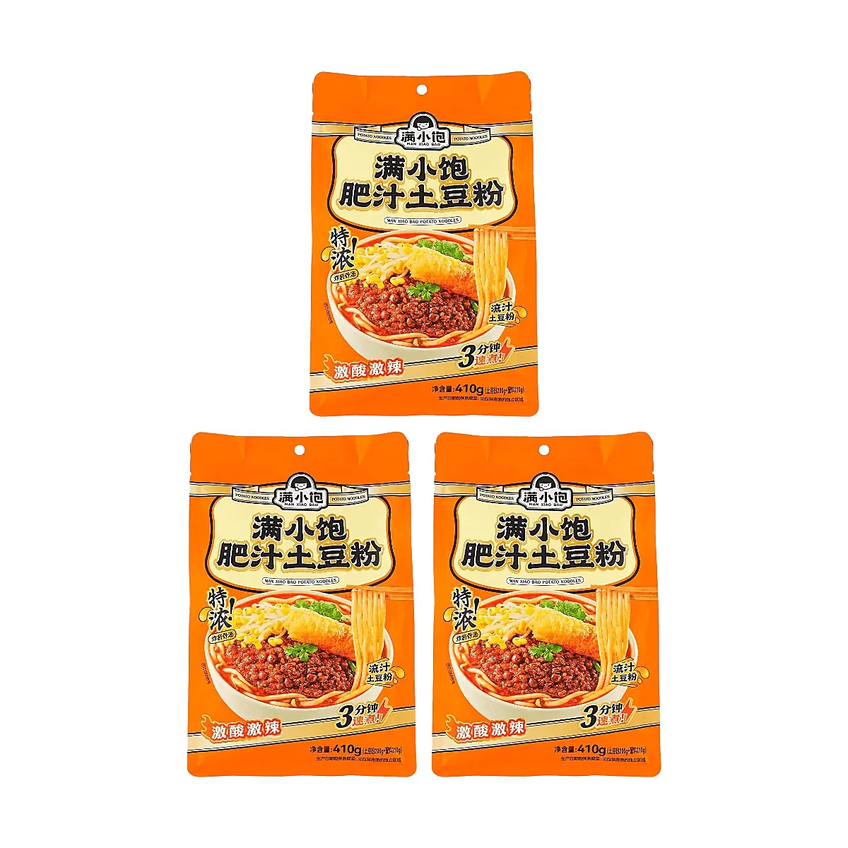 ManXiaoBao Sour & Spicy Fat Broth Potato Noodles - 3 Pack (410g Each) - Instant Q-Texture, Quick Cook Noodles