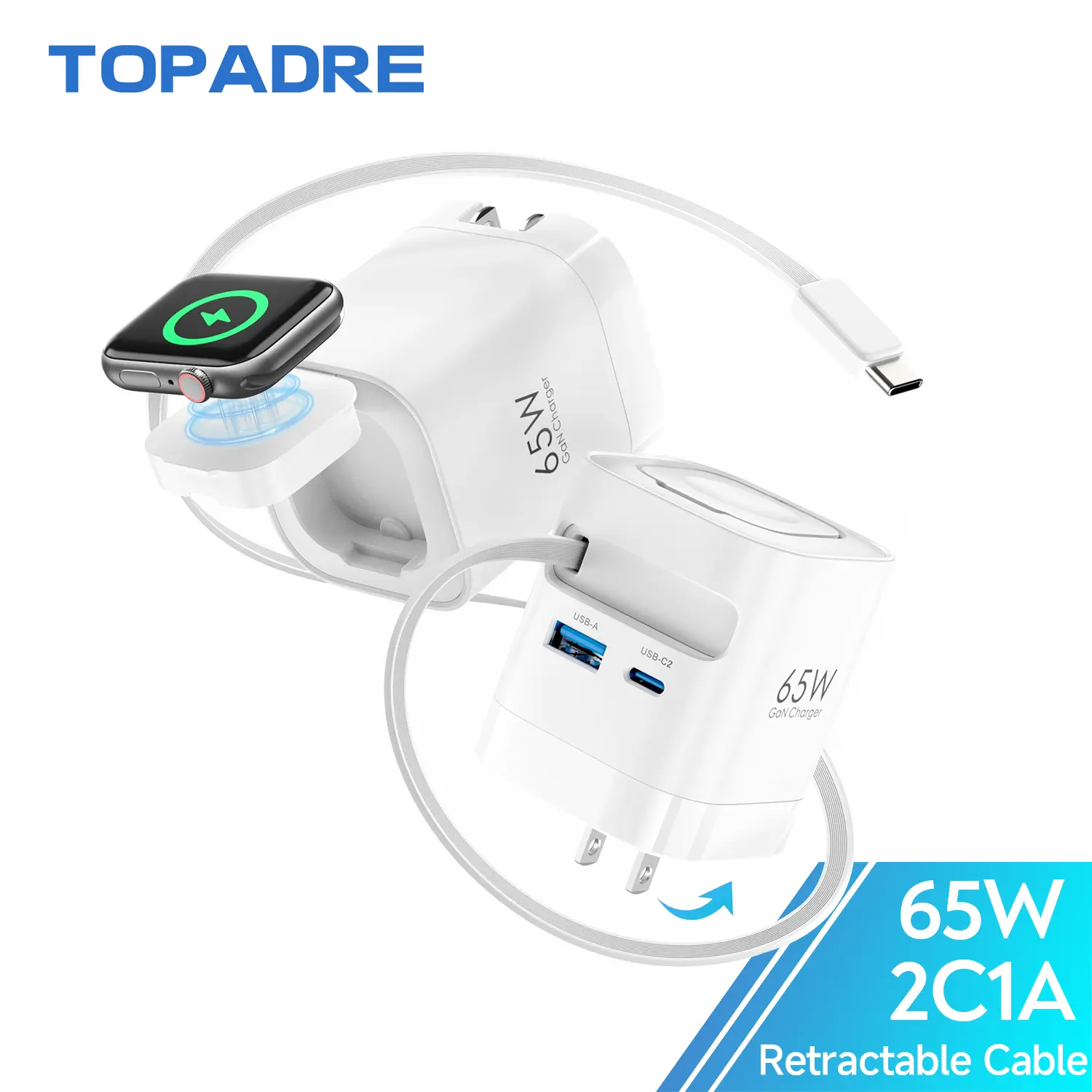 TOPADRE 65W All-in-1 Wireless Charger for Apple Watch with Retractable Cable, GaN High Power 4-in-1 Charging Device for Apple Watch, iPhone 17/16/15,  Tablet, Wireless Earbuds