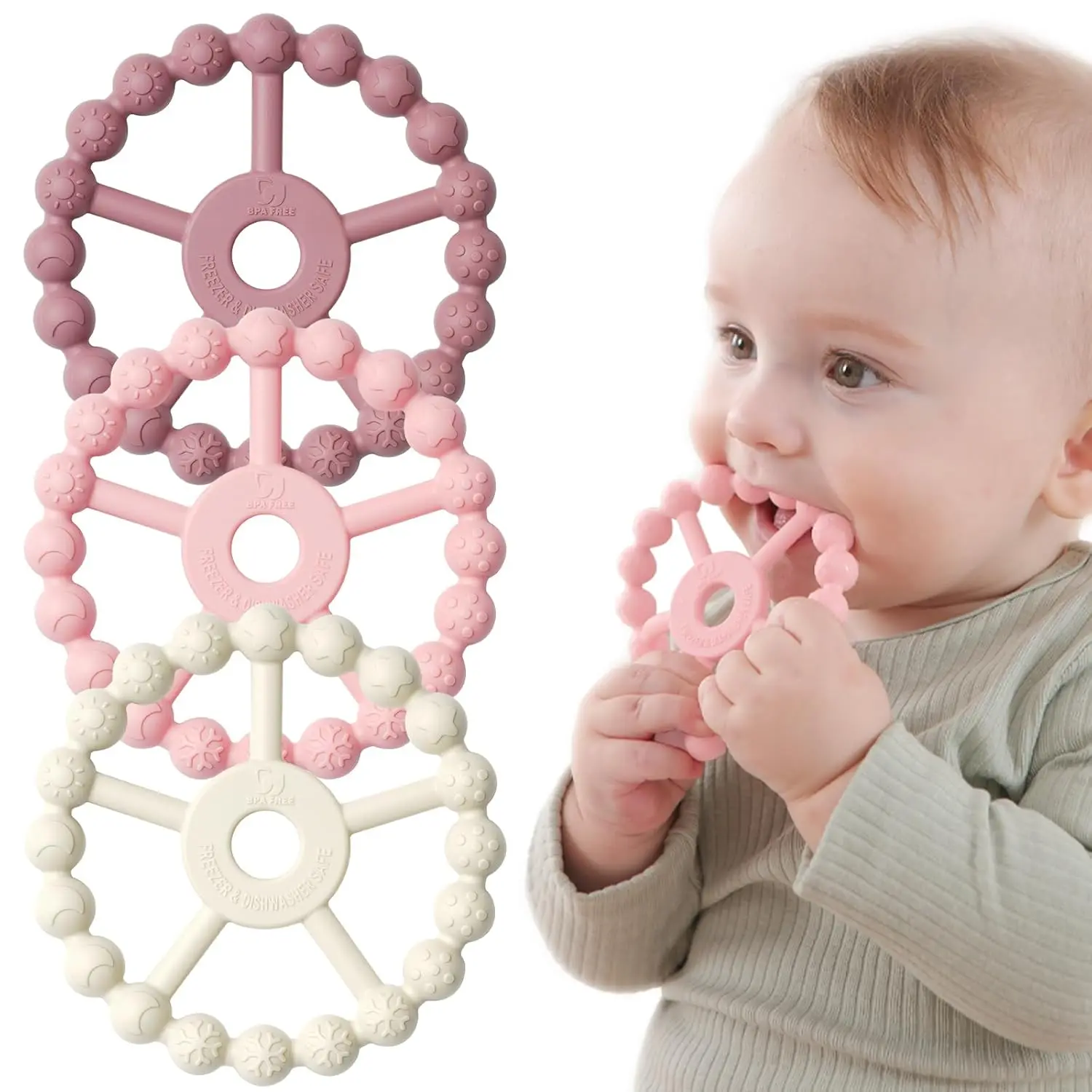 Generic Brand 3-Pack Round Silicone Teethers for Babies 0-2 Years, Soft Textured Grip Soothing Chew Toy for Teething Relief, Ferris Wheel Design