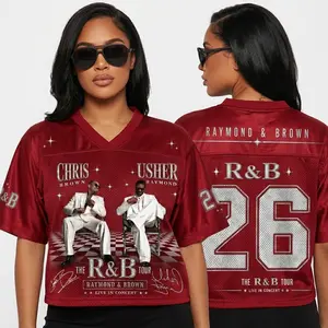 Women's R&B mesh crop top t-shirt 2026, breathable, soft and lightweight material, mesh-paneled athletic football jersey, 2026 music tour t-shirt for fans.