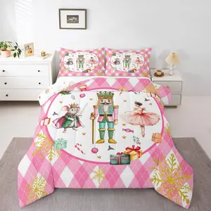 Nutcracker Christmas Decor Little Princess Ballet Bedding Set,Cartoon Mouse Comforter Set,Geometric Grid Comforter,Gold Snowflake Quilts