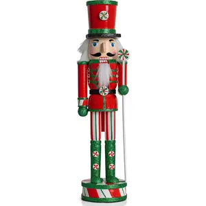 Ornativity Wooden Peppermint Christmas Nutcracker - Red, White and Green Glitter Candy Themed Xmas Holiday Nut Cracker Doll Figure Toy Soldier Decorations 15"